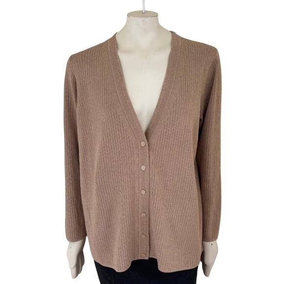 Talbots Sweaters - NEW TALBOTS Metallic Ribbed V-neck Cardigan in Tan & Gold  SZ 2X